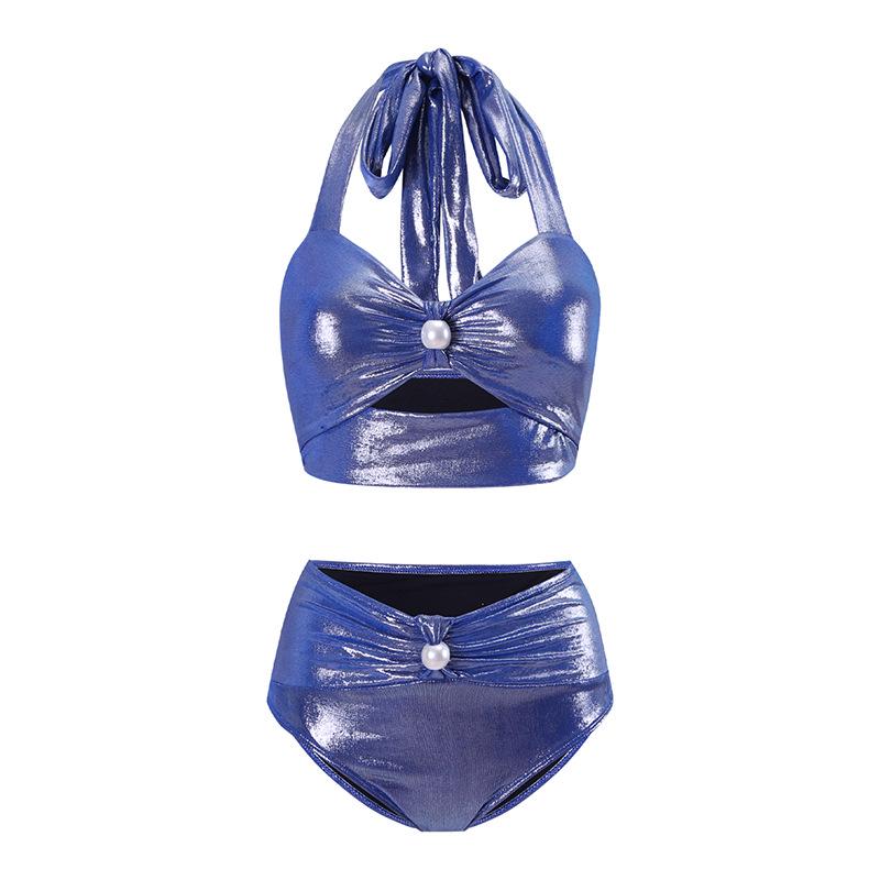 2024 European & American Halter Pearl-Embellished Hollow Out Bikini Set for Women