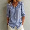 Women's Peter Pan Collar Striped Blouse Casual Puff 3/4 Sleeve Button Down Shirt Top