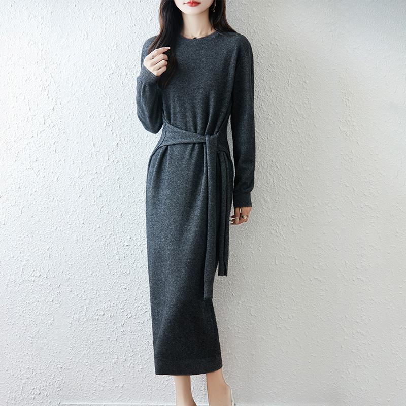 Women Sweater Dress 100% Wool TIDENOVEL O-neck Knit Long Pullover Winter Jumpers Wool Long Dress Female