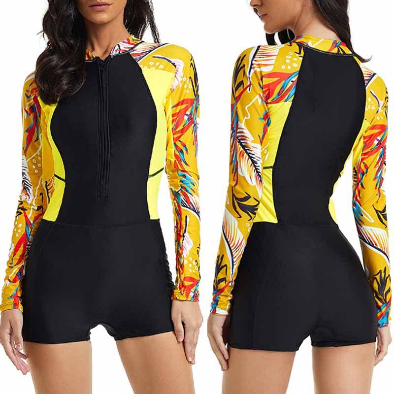New European and American Fashion Printing Sunscreen, Thin, Conservative, Meat-covering One-piece Long-sleeved Women's Surf Suit