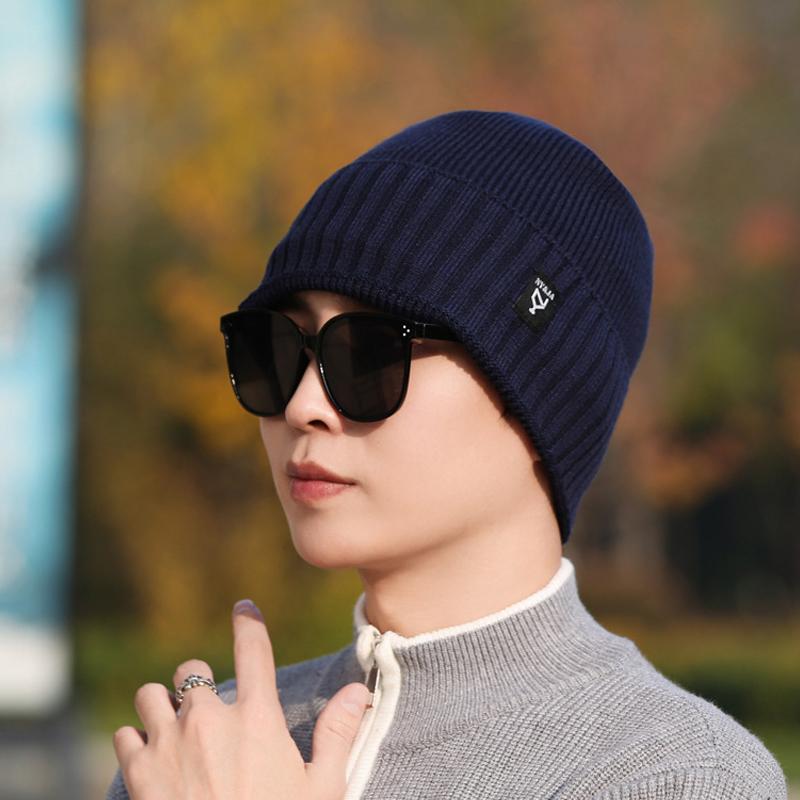 Winter Knitted Hat Men Warm Coldproof Wool Hat Cycling Fleece Thick Cotton Hat