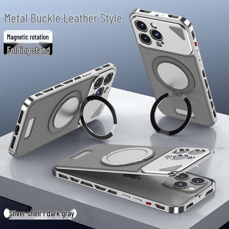 iPhone 16 Pro Max Aluminum Leather Buckle Case with Rotating Stand, Compatible with iPhone 15