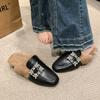 Fashion Aphixta Crystal Square Buckle Warm Winter Slipper Real Fur Women Mule Furry Shoes Square Toe 4.5cm Med Heel Black Modern Slides