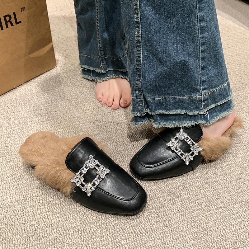 Fashion Aphixta Crystal Square Buckle Warm Winter Slipper Real Fur Women Mule Furry Shoes Square Toe 4.5cm Med Heel Black Modern Slides