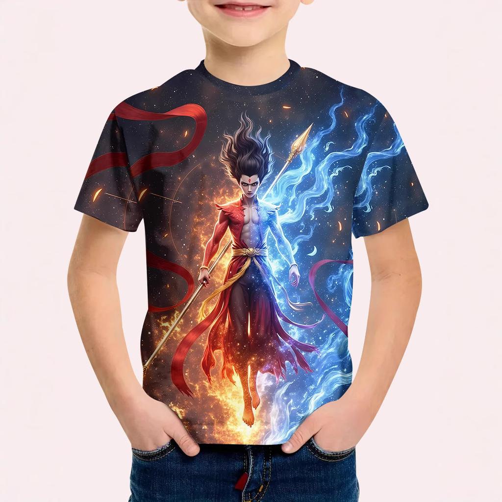 Summer Round Neck Animated Character Nezha 3D Printed Top Fashionable Casual Short Sleeved Children's Boy T-shirts