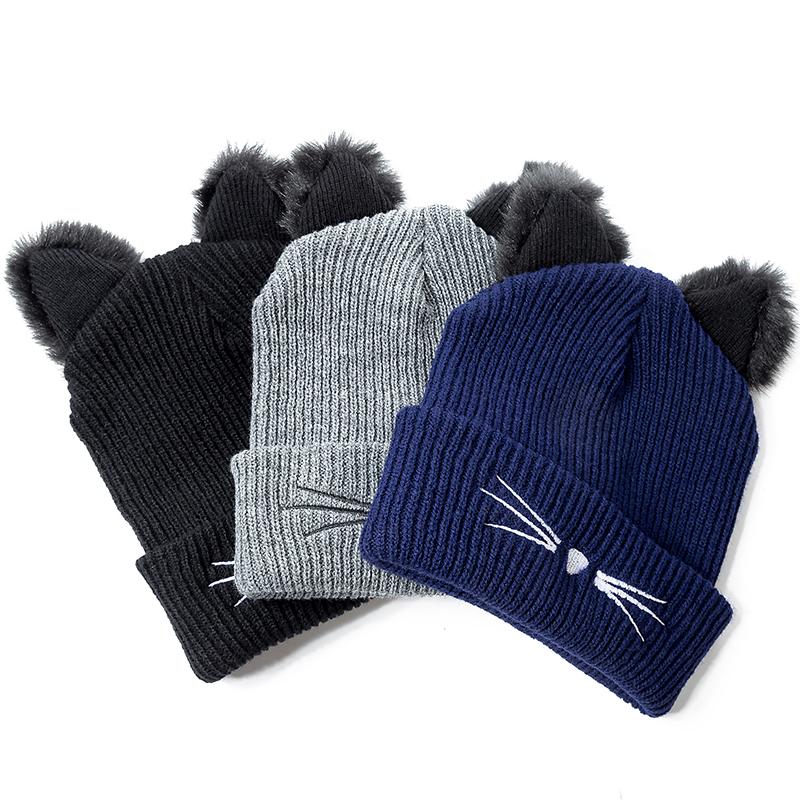 High Quality 3 Colors Cotton Fur Cat Ear Winter Hat Lovely Warm Beanie Women's Hat Knit Caps Girl Beanies Hip-hop Skullies Hat
