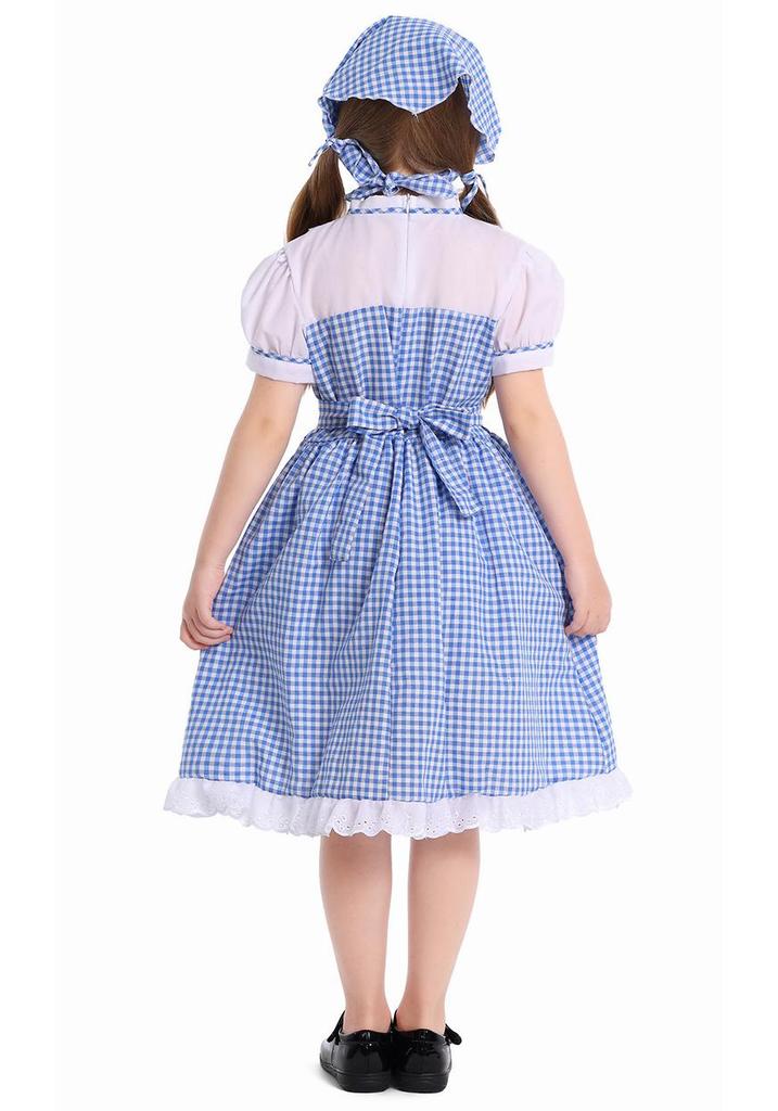 Blue Plaid Halloween Cosplay Costume for Kids with Headscarf & Skirt