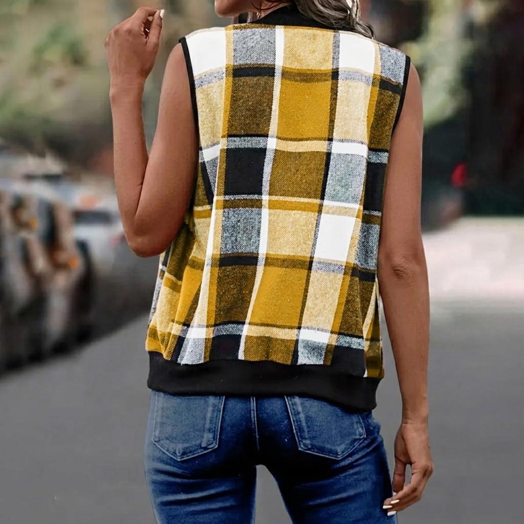 Women's Plaid Vest Zip Up Sleeveless Casual Jacket