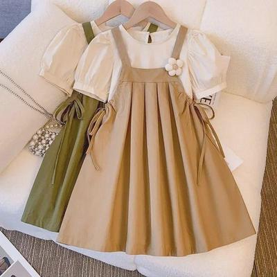 2024 Girls' Summer Stylish Two-Piece: Bubble Sleeve Top & Suspender Dress