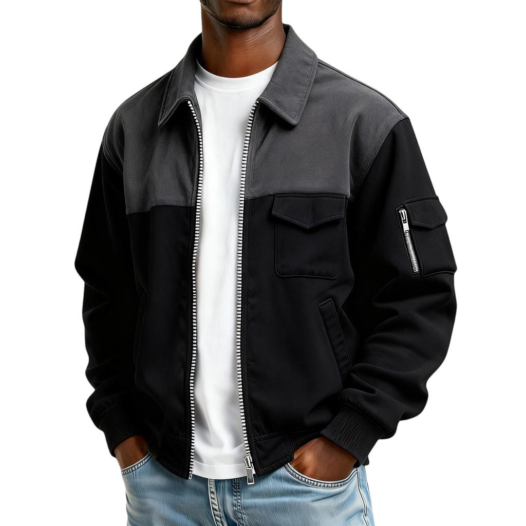 Men's Solid Color Pocket Zipper Jacket Men's Sports Large Size Casual Jacket