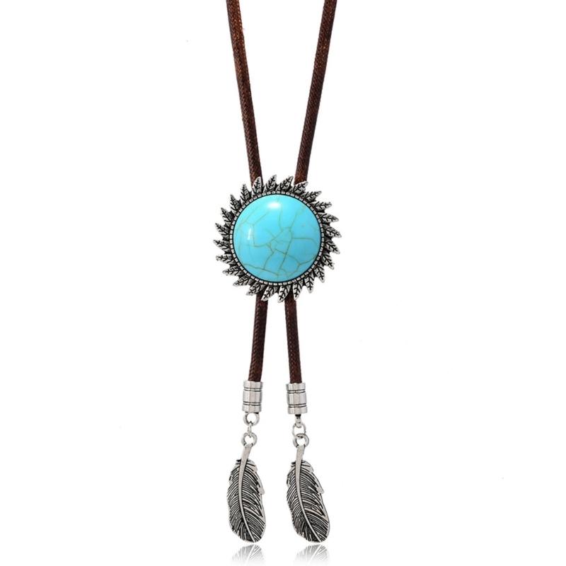 Men's Rodeos Western Leather Cord Bolo Tie Antique Floral Stone Jewelry Cowboy Necktie Necklace with Feathered Pendant