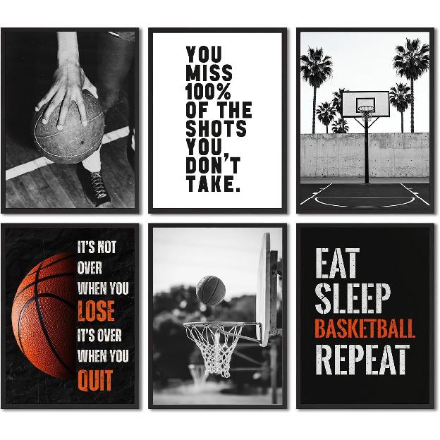 Xynvor 6Pcs Basketball pirational Canvas Wall Art Black White Basketball Posters Artwork Sport Motivational Quotes Painting Pictures Wall Decor for