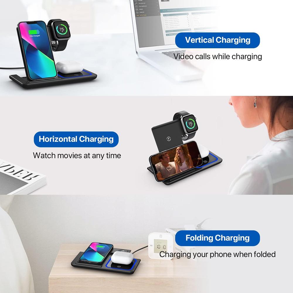 15W 3 in 1 LED Fast Wireless Charger Stand Foldable Charging Station For IPhone17-11 Apple Watch 9 8 7 6 5 Airpods Pro 4
