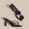 Damen High Heels Pantoletten Luxus Strass Schleife Pantoletten Temperament Quadratische Zehenpartie High Heel Sandalen Damen Bankett Party Pumps