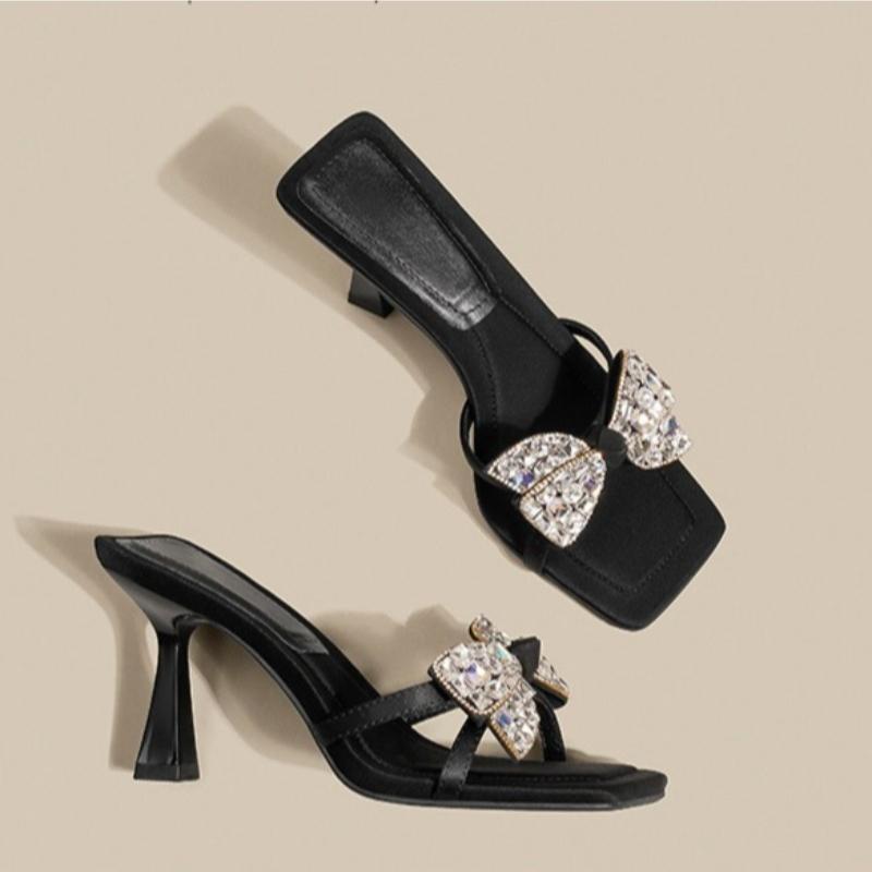 Damen High Heels Pantoletten Luxus Strass Schleife Pantoletten Temperament Quadratische Zehenpartie High Heel Sandalen Damen Bankett Party Pumps