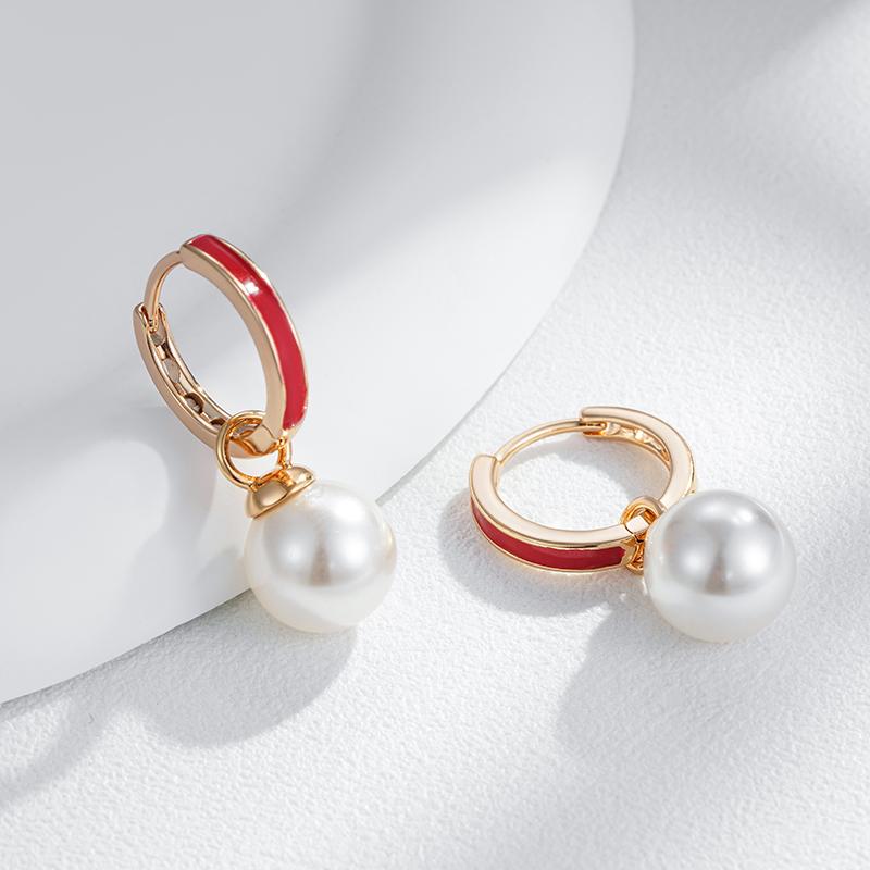 Red Enamel Drop Earrings For Women Unique Geometric  Rose Gold Color Pearl Accessories Daily Fine Jewelry Gift