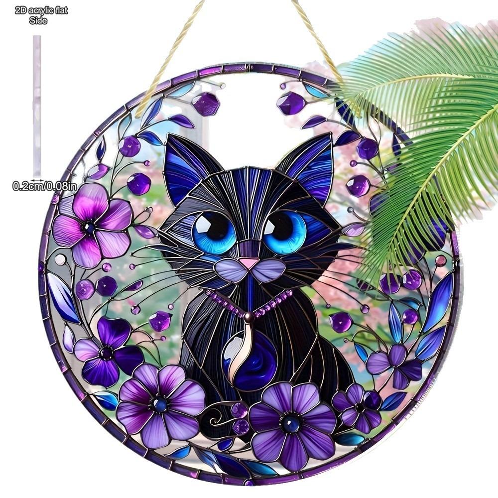 Cat & Purple Floral Theme Sun Catcher Acrylic Hang Sign, Nurseries, Vintage Home Decor Wall for Bar Kitchen, Restaurant Shop Wall Decor, Garden Decor