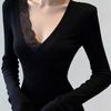 Plain Black Top With Lace Splicing V Neck For Spring Casual Wear