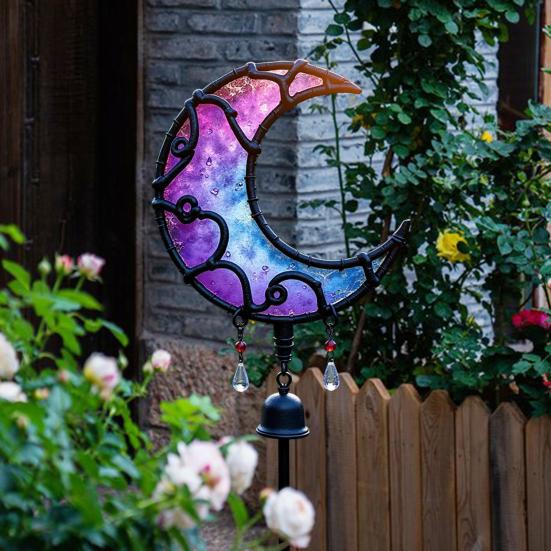 Moon Garden Stake Metal Crescent Design Stake Blue And Purple Moon Decoration for Flower Bed Yard Art