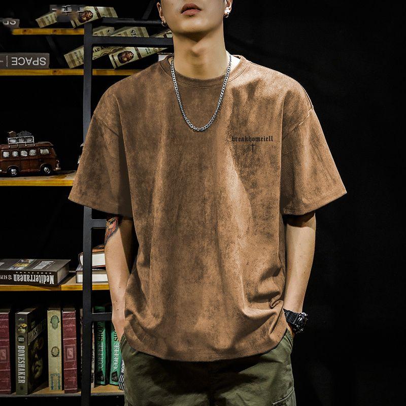 Fashionable Brand Pixie Letter Printed Suede T-shirt Men's Summer American Loose Casual Versatile Half-sleeved Shirt