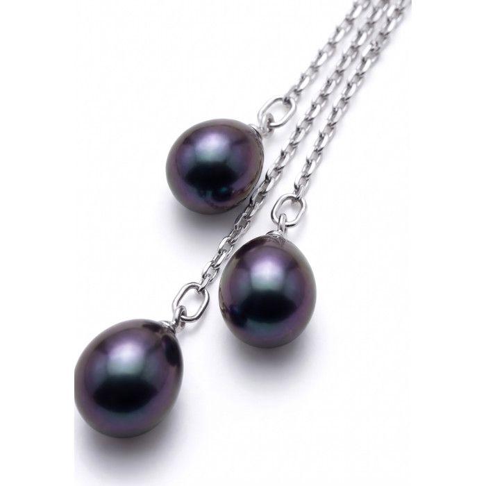 Boucles d'Oreilles - Pearls & Colors - Trio - Perle de Culture d'Eau Douce 7-8 mm Poires - Perle Noire - Or Blanc 375/1000 - Femme