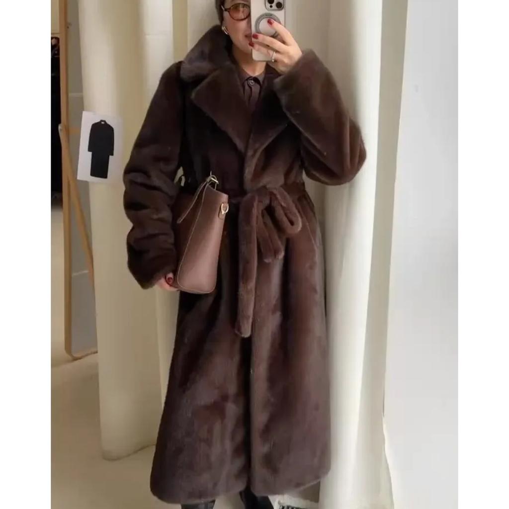 Luxury New Women’s  Artificial Faux Mink Fur Longline Belted Thick Warm Winter Coat