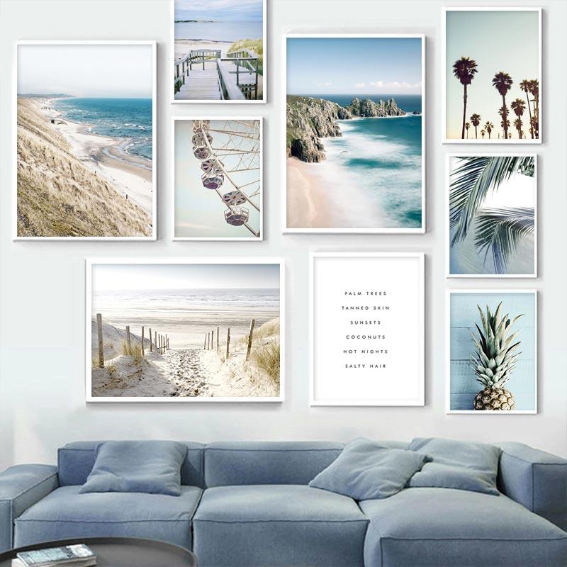 Ocean Poster Beach Sea Cliff Palm Tree Plank Road Canvas Painting Wall Art Nordic Landscape Ferris Wheel Print For Bedroom Decro
