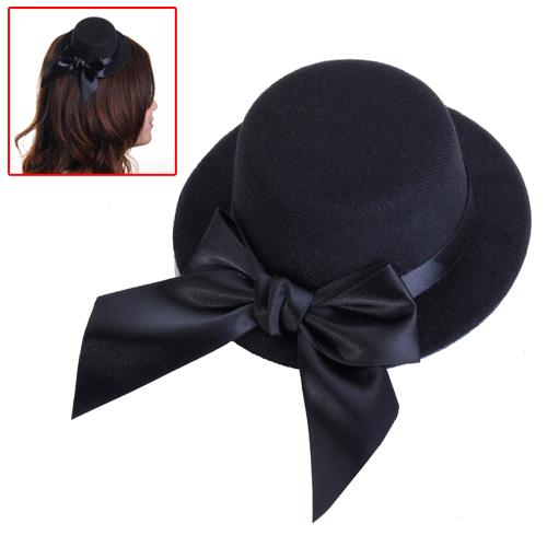Ladies Party Fashionable Bowknot Charms Mini Top Hat Fascinator Burlesque Millinery Black with 2