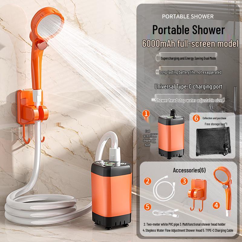 Electric Camping Shower Set with Rechargeable Pump and Water Bag.