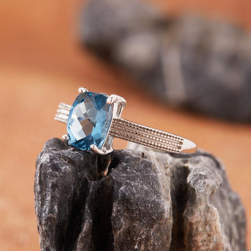 Natural London Blue Topaz Ring Women'S S925 Sterling Silver Sugar Cube Jewelry Simple And Versatile