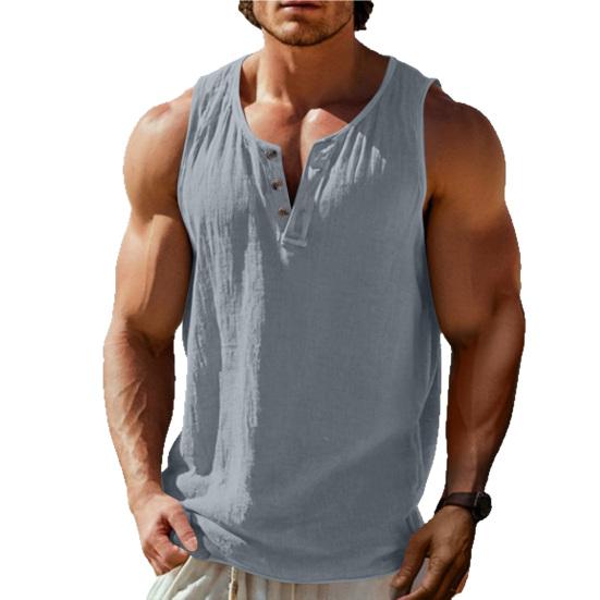 Men Vest Round Neck Buttons Half Placket Sleeveless Muscle Tank Tops Pure Color Loose Fit Summer Casual Camisole