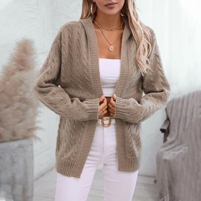 European and American Autumn and Winter New Solid Color Hooded Knitted Cardigan for Women Retro Loose Long-sleeved Sweater Jacket for Women
