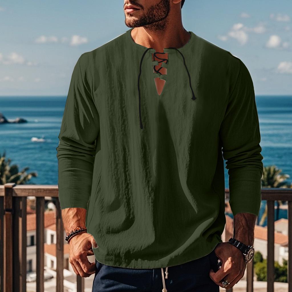Maglietta da Uomo a Maniche Lunghe Autunnale con Scollo a V e Vestibilità Ampia in Cotone Canapa Tinta Unita Camicia Ruche da Spiaggia