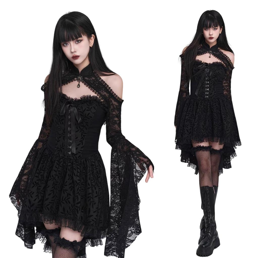 AOTYP Halloween Costume Lace Top and Fishnet A sickly cute dress perfect for and Perfect for parties and Size Women's 3-Piece Set Tights. witches,