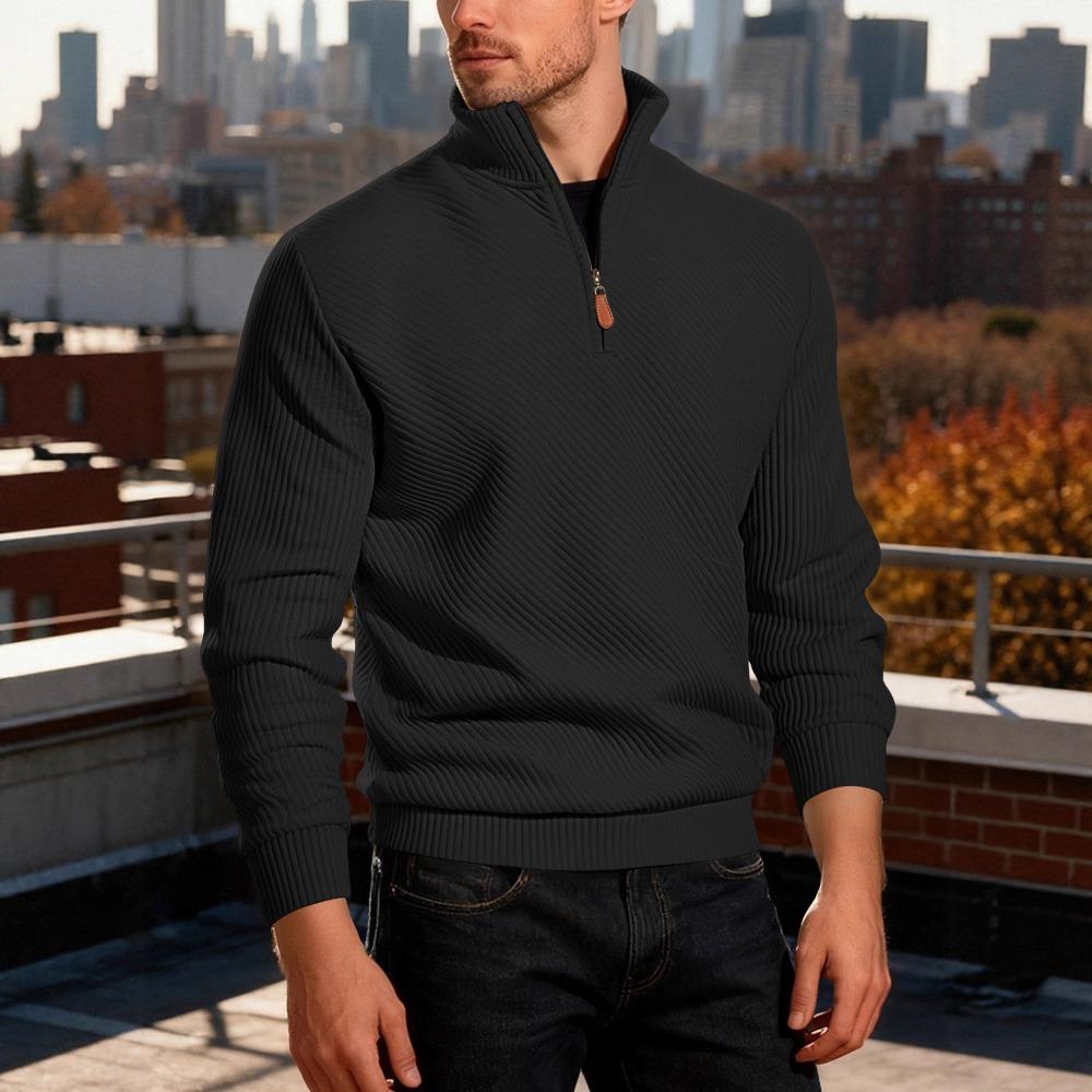 Men's Long-Sleeved Half-Zip Sweatshirt with Twill Jacquard Ribbed Trim