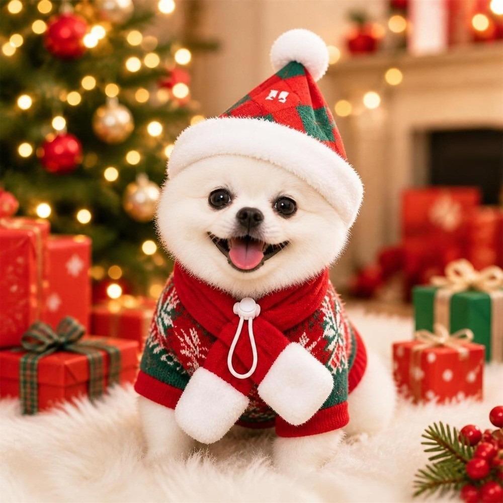 2Pcs/Set Winter Dog Scarf Collar Christmas Cat Scarf Hat Cute Pet Neck Warmer for Puppy Kitten