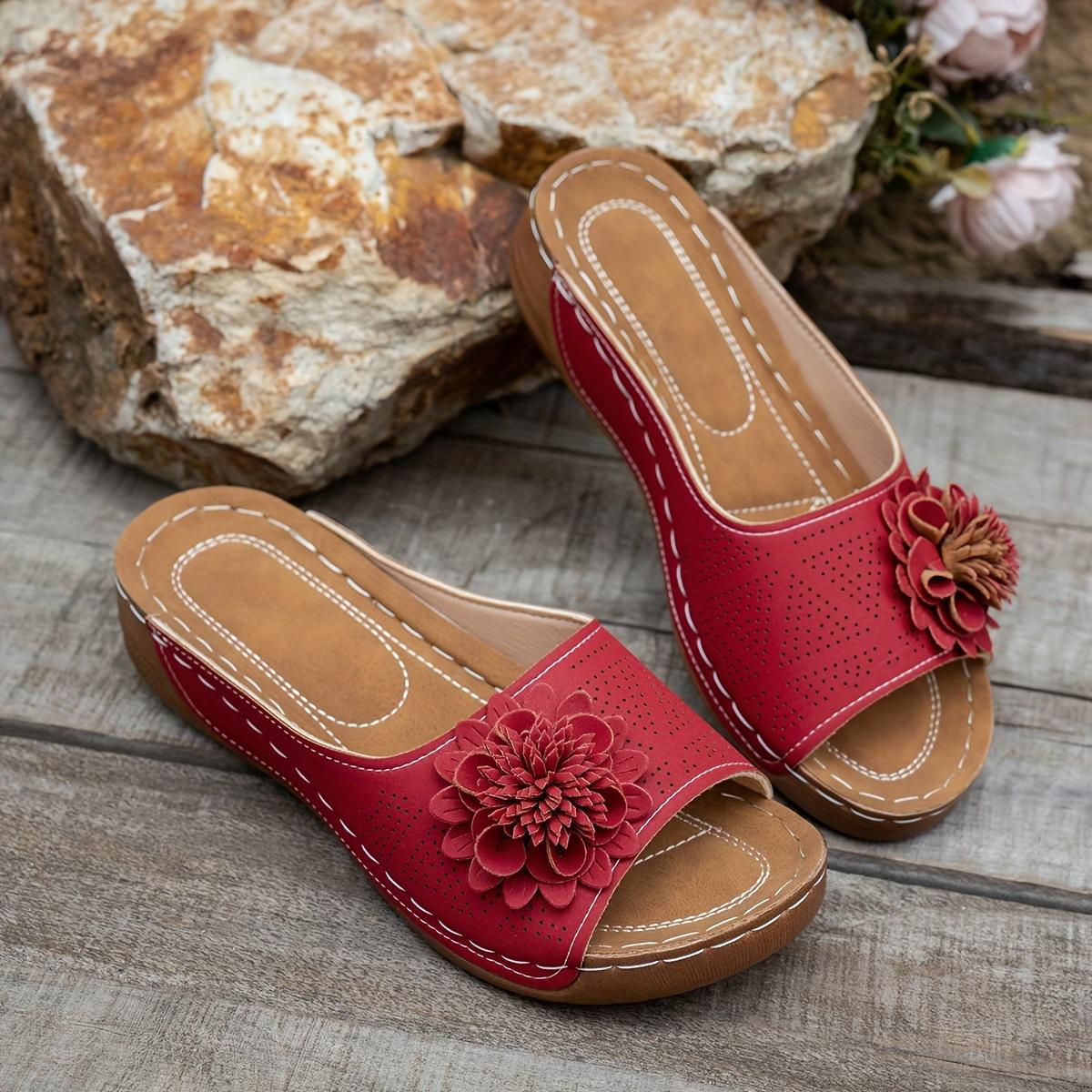 

Женские открытые тапочки на плоской подошве с цветочным декором, пляжные сандалии, плоская подошва, однотонная удобная повседневная обувь, сандалии на плоской подошве с толстой подошвой 37 красный