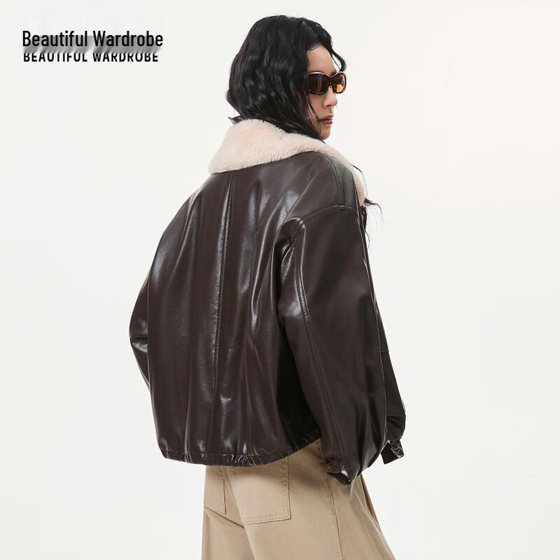 BEAUTIFUL WARDROBE Women's Retro Maillard Faux Fur Collar Short Jacket