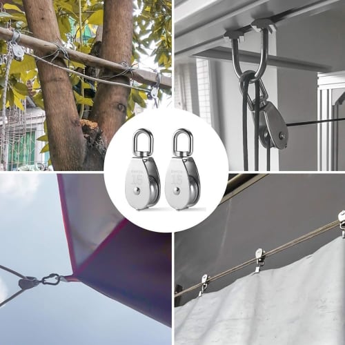 Yandong M15 Stainless Steel Pulley, 35kg Load Capacity, Small Rope Pulley, SUS304, for Cargo Transport, Swivel Type, with Carabiner (Set of 2)