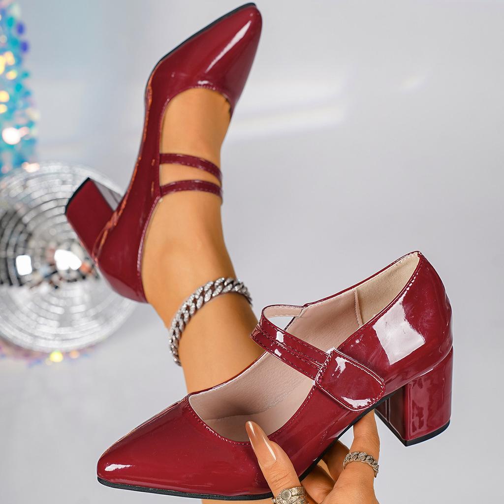 Women Chunky Heels Shoes Strap Pumps Women Elegant Patent Leather High Heels Party Shoes Square Toe Double Ankle