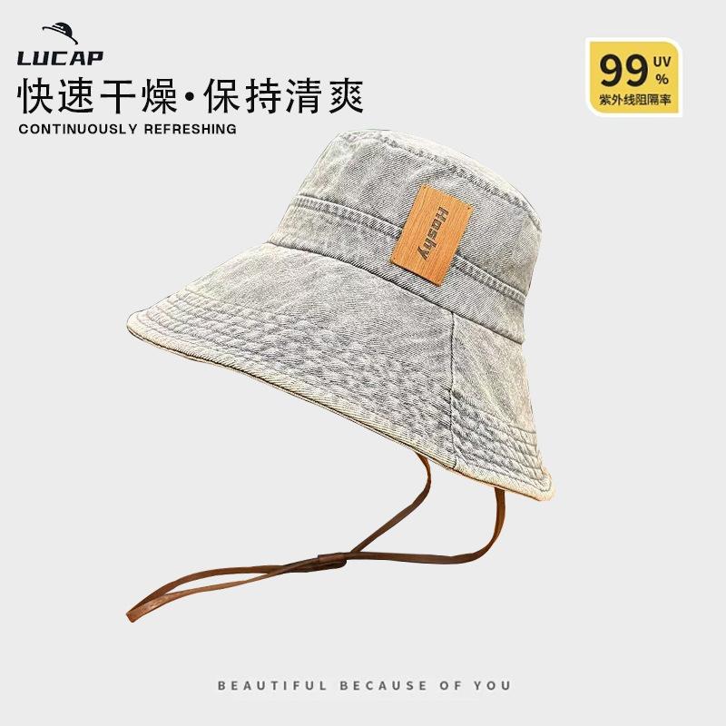 Washed denim bucket hat women's spring summer outdoor camping mountaineering hat showing small face big head circumference western denim hat