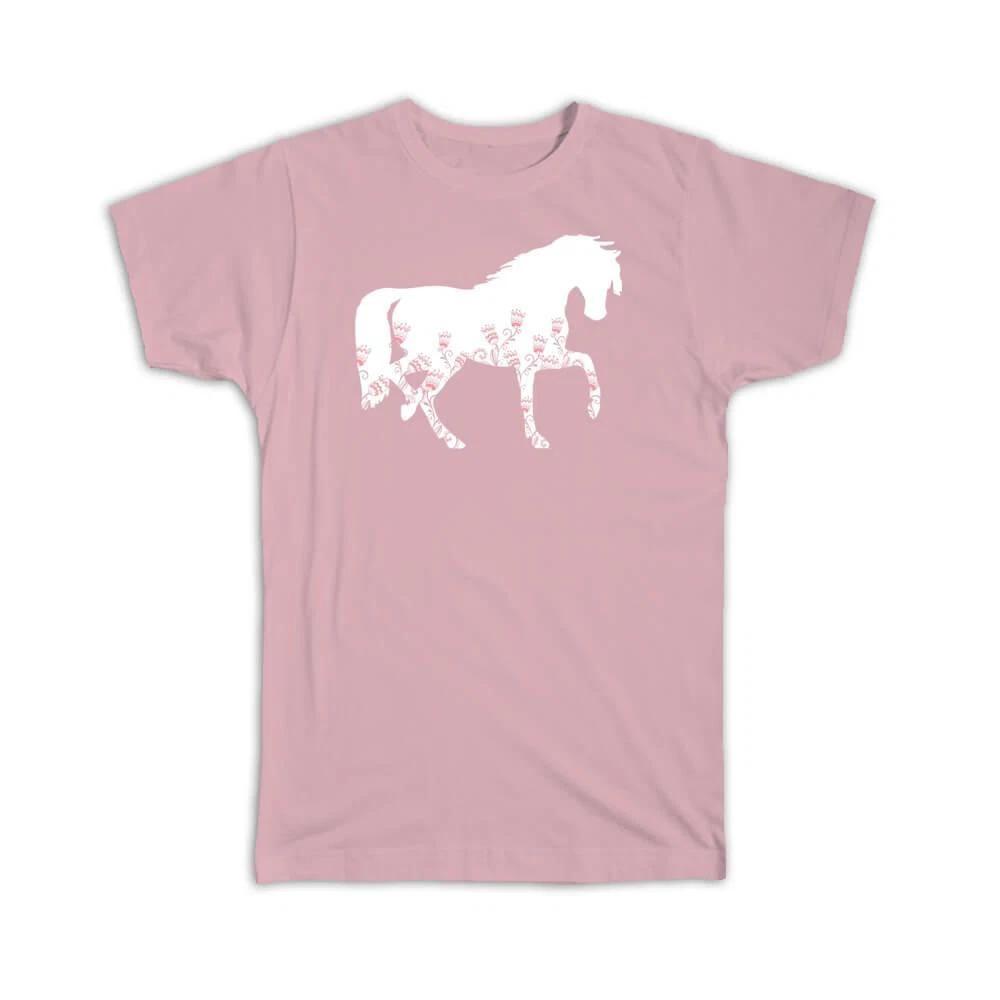 Gift T-Shirt : Horse Flower Print For Feminine Birthday Animal Lover Cute Art L