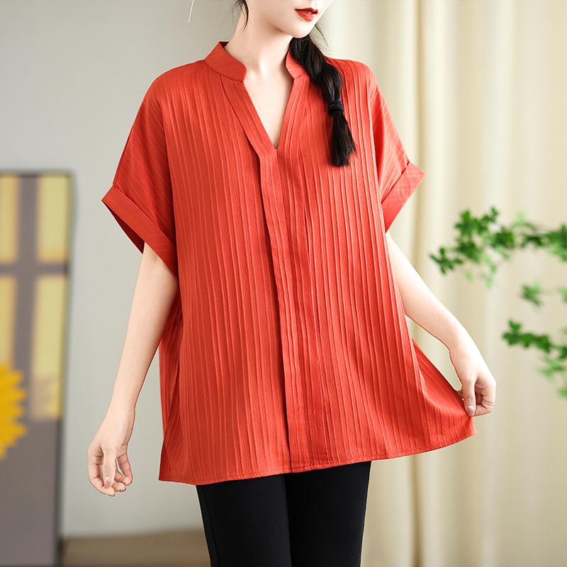 DIMANAF 2025 Summer Plus Size Short Sleeve T-Shirt V-Neck Women Solid Loose Basic Tops Tees Maxi