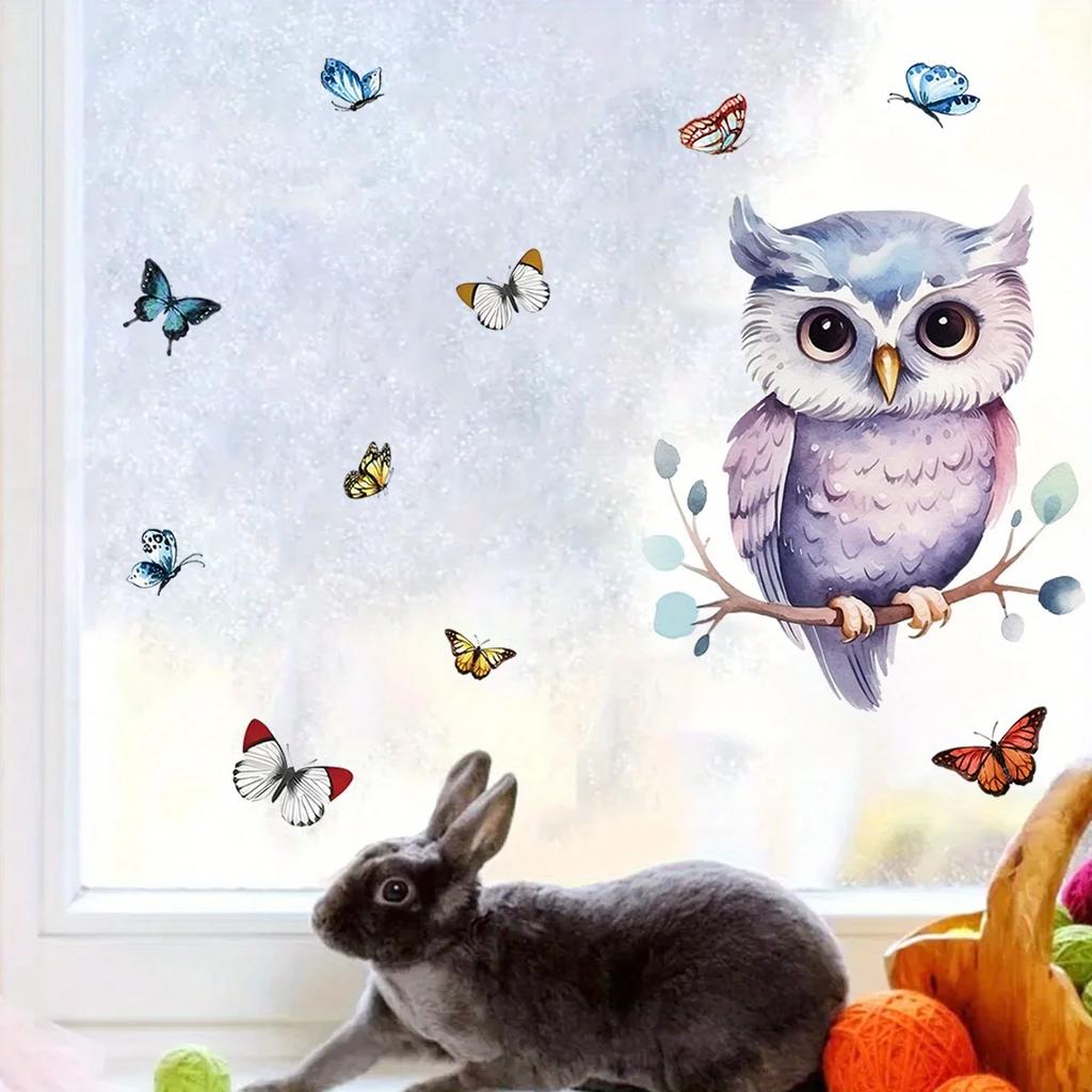 Cartoon Cute Owl Colored Butterfly Branches Animal Window Stickers for Bedroom Decor Living Room Nursery Decoration Wall Decals