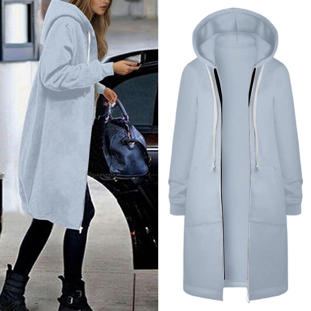 Women's Fashionable Solid Color Long Sleeved Pocket Long Hoodies Zipper Casual Coat Fall Jackets Sweatshirts Clothes