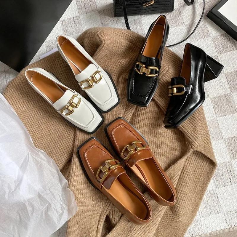 Fashion Square High Heels Loafers Women Autumn Chunky Slip On Platform Pumps Woman Black Jk Uniform Shoes Mary Janes