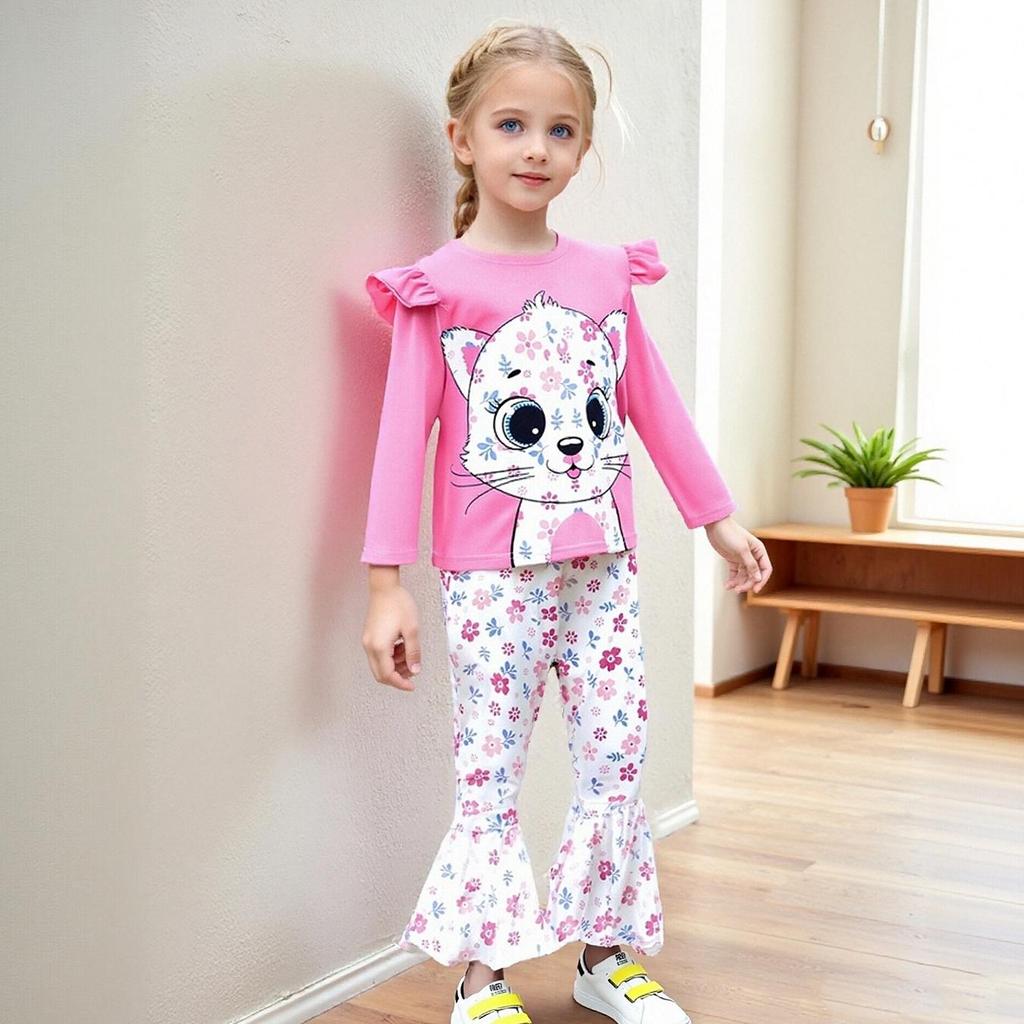 Kids Girls 2 Piece Outfit Spring Fall Long Sleeve Cartoon Cat Pullover Top Floral Flared Trousers Fashion Casual Children Clothing Set