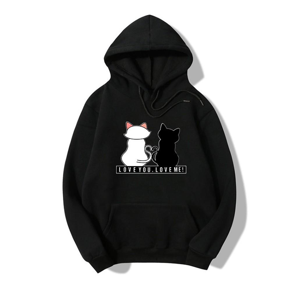 Womens Long Sleeve Cat Print Hoodies Drawstring Pullover Pocket Sweatshirts