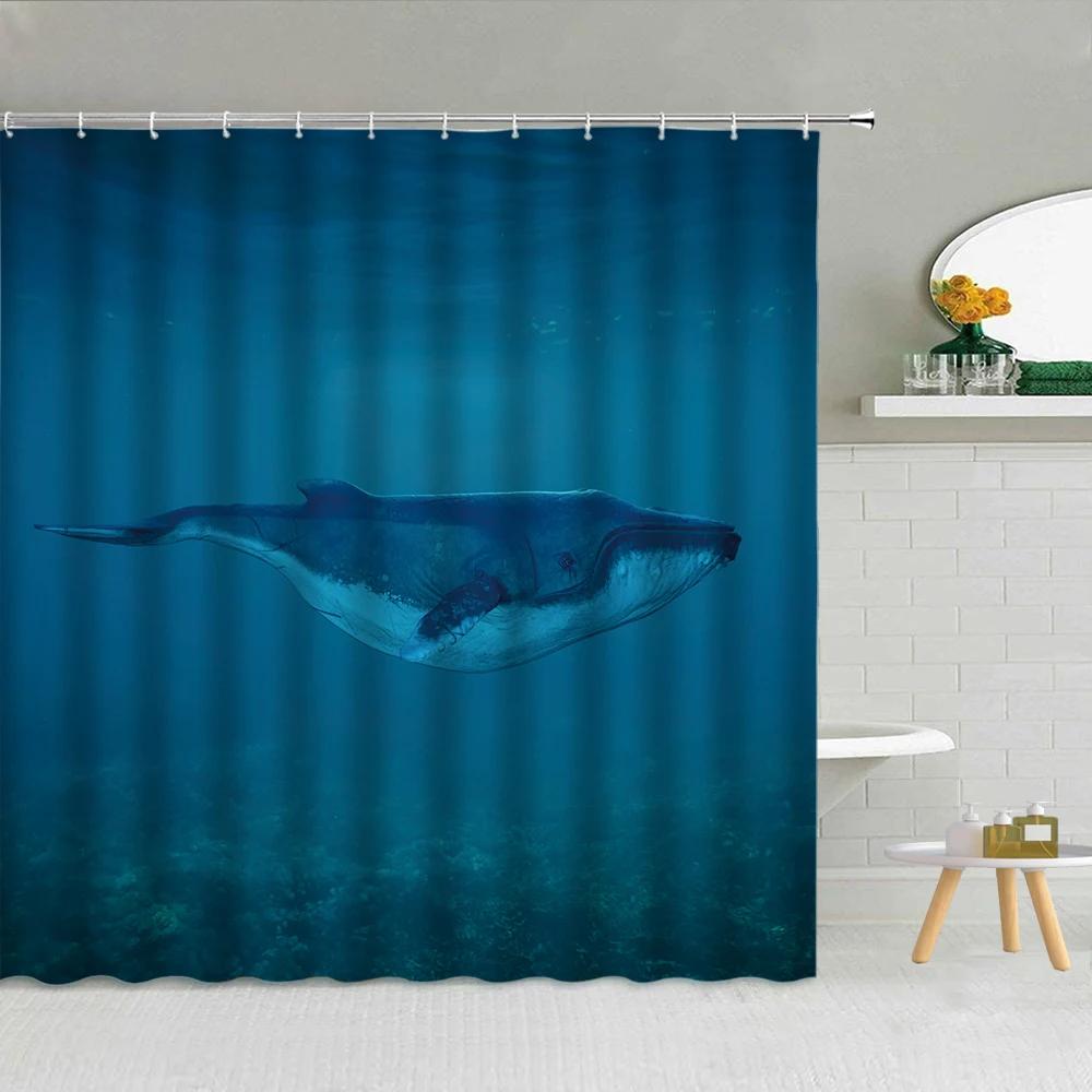 Blå hav undervattens strandscen duschdraperi delfin sköldpadda val djur badrumsdekoration krok gardin