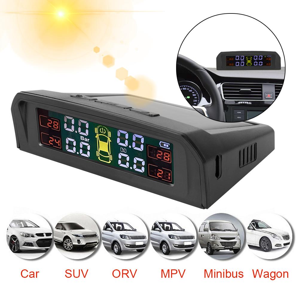 

TPMS Автомобильная система сигнализации давления в шинах HD Цифровой ЖК-дисплей USB или солнечная зарядка Предупреждение о температуре давления в шинах